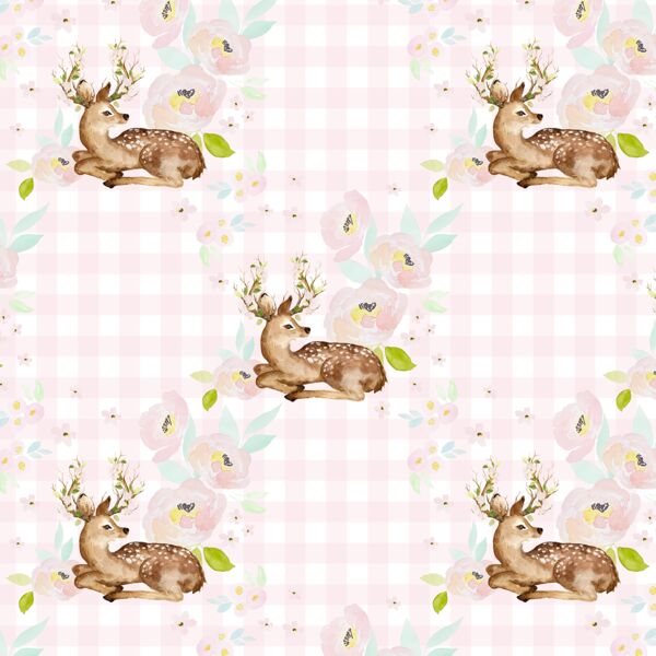 Blush Floral Deer in Soft Pink Gingham