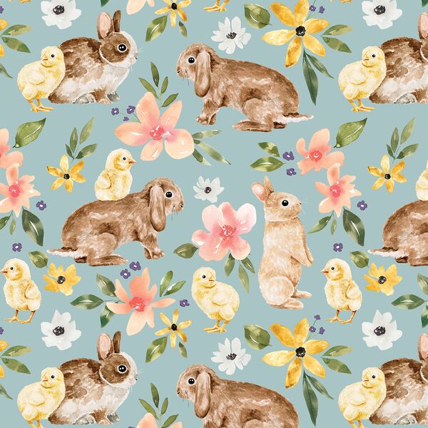 Floral Bunnies and Chicks in Light Blue