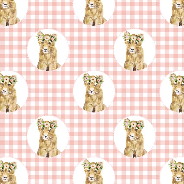 Little Girl Cub Wreath on Gingham Check in Pink Peach