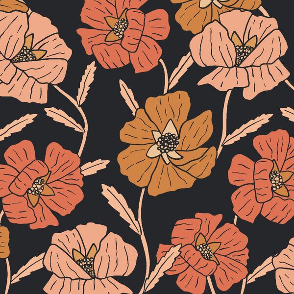 Large Poppy Floral in Dark Charcoal Gray