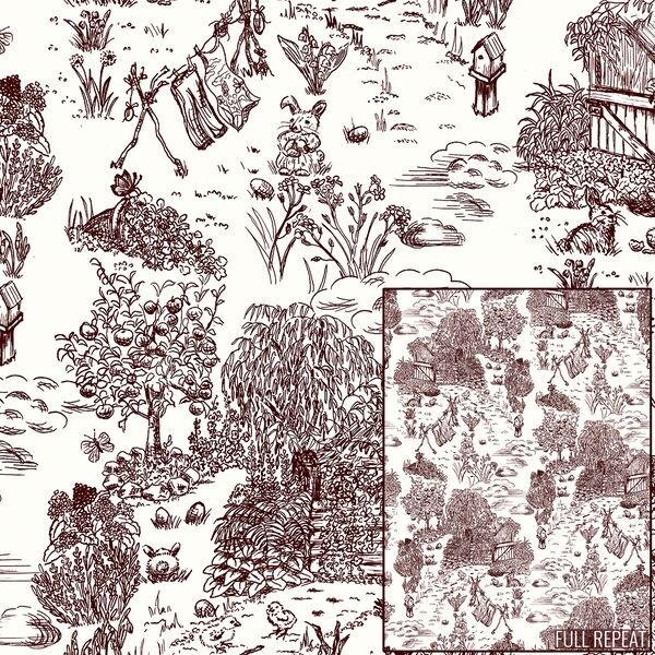 Joyful Farm Toile in Burgundy Ink