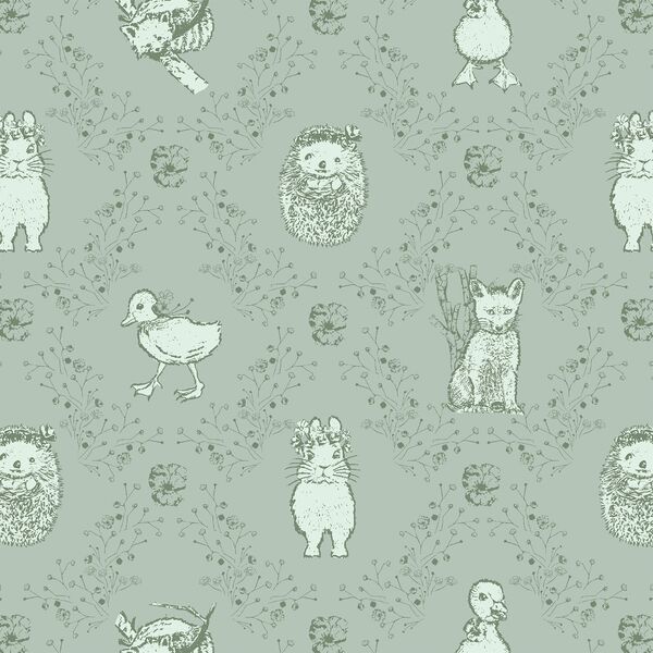 Bunny and Friends in Soft Pine on Muted Aqua
