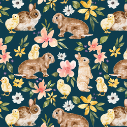 Floral Bunnies and Chicks in Navy