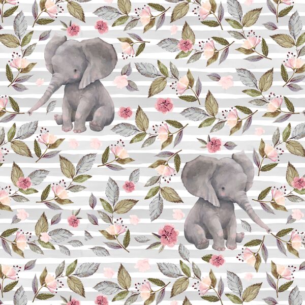 Floral Baby Elephant on Stripes in Grey