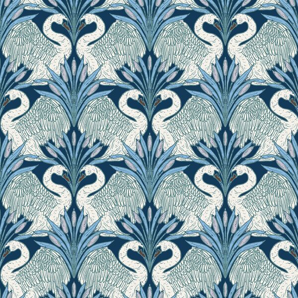 Swans and Cattails in Indigo