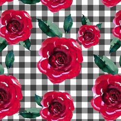 Blooming Roses on Gingham in Onyx