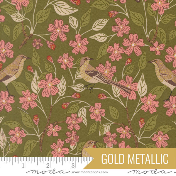 Blossoms Birds in Grass Metallic