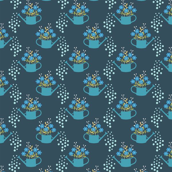 Watering Can Garden in Blue Ink