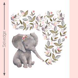 Floral Elephant Quilt Panel in White