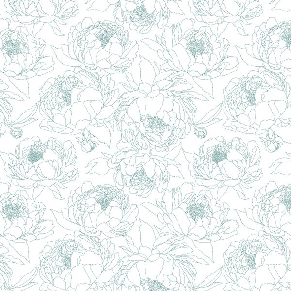 Sketched Garden in Pond Blue on White
