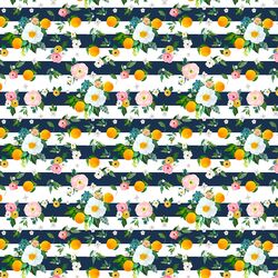 Small Orange Blossoms in Navy Stripes
