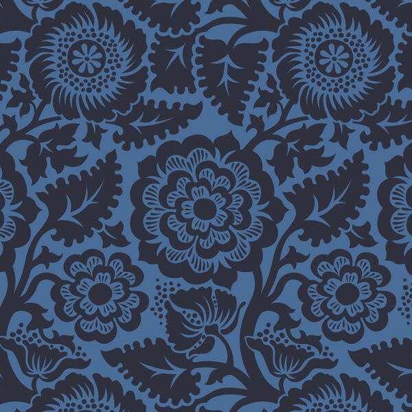 Blockprint Blossom in Navy on Hyacinth Blue