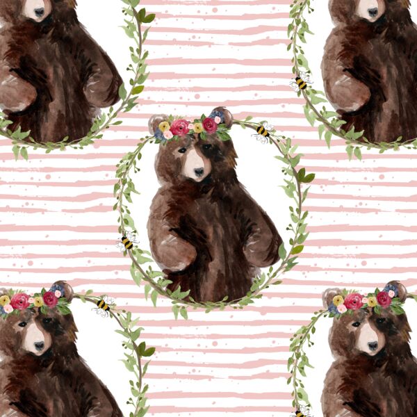 Floral Honey Bear Wreath in Pink Rose Stripes