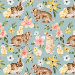 Floral Bunnies and Chicks in Light Blue