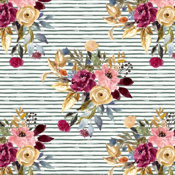 Rose Bouquet on Little Watercolor Stripes in Dusty Jade