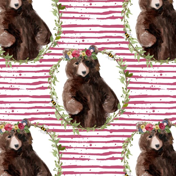 Floral Honey Bear Wreath in Mulberry Bush Stripes