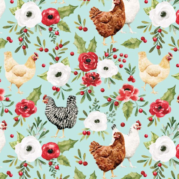 Festive Chickens in Aqua