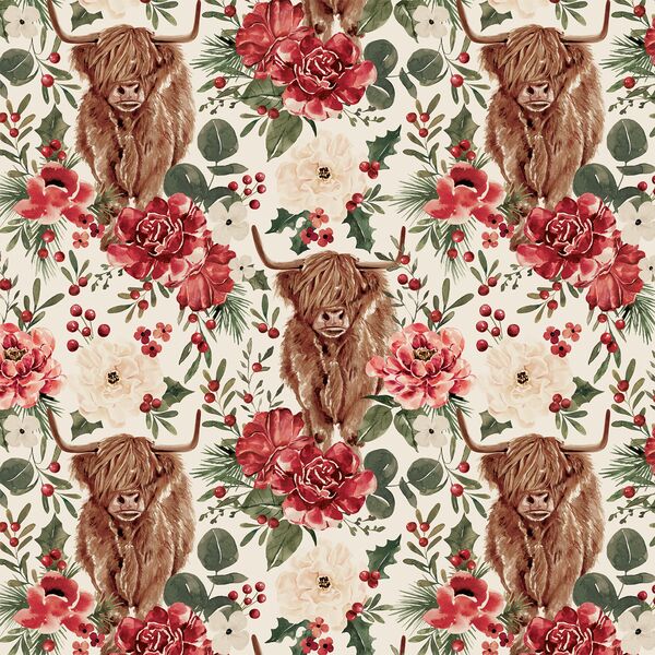 Floral Highland Cow in Cream