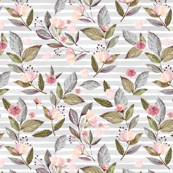 Tossed Floral on Stripes in Grey