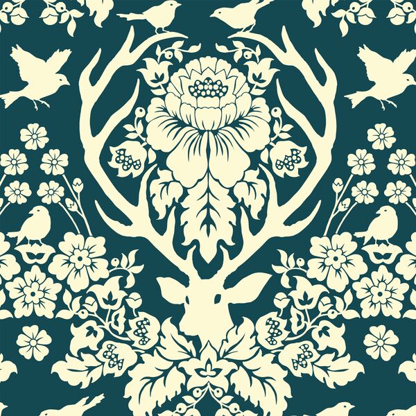 Antler Damask in Ivory on Deep Pool