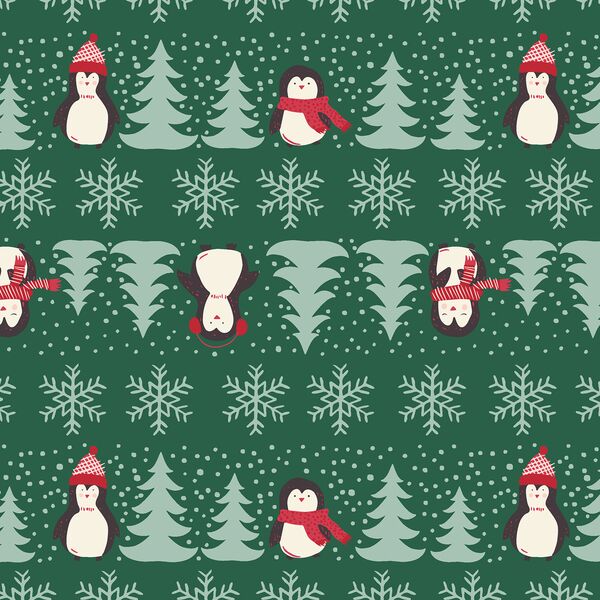 Winter Penguins in Pine Green