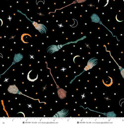 Broomsticks, Stars, and Moon in Black