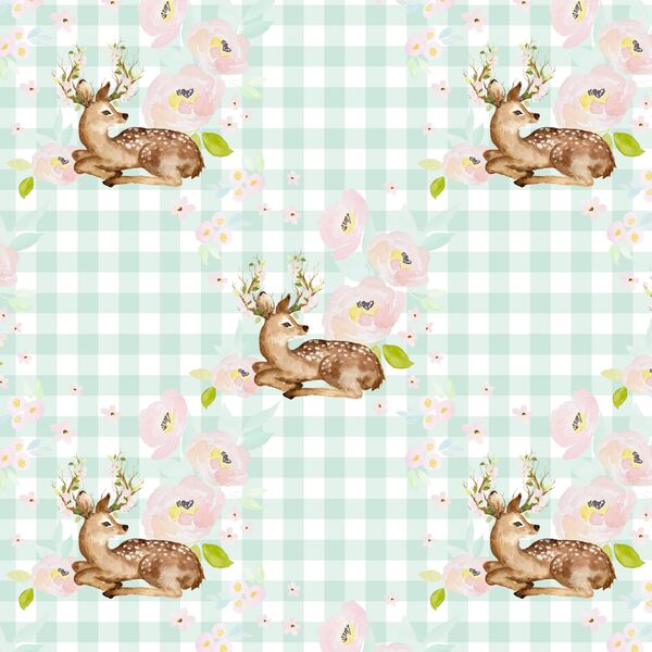 Blush Floral Deer in Light Green Gingham