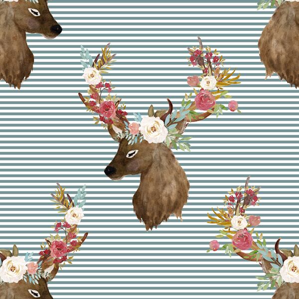 Autumn Deer in Rainy Blue Stripes