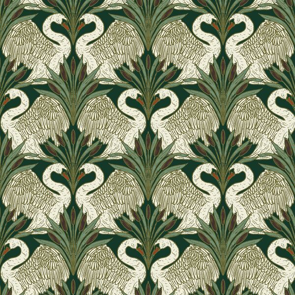 Swans and Cattails in Pine