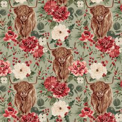 Floral Highland Cow in Sage