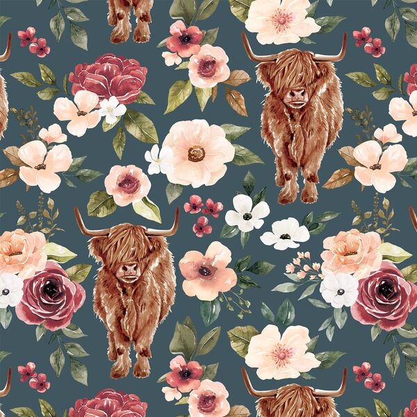Highland Cow Floral in Night Blue