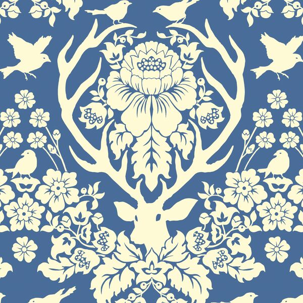 Antler Damask in Ivory on Hyacinth Blue