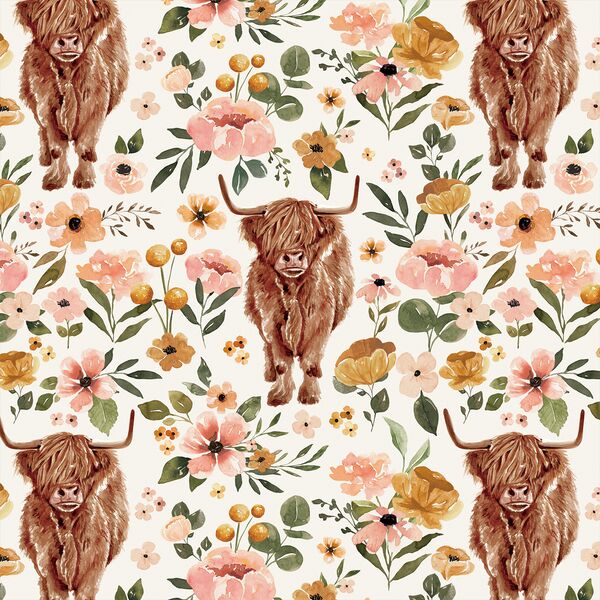 Floral Highland Cow in Cream