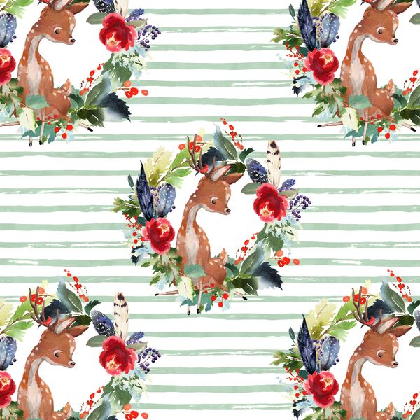 Small Boho Winter Deer in Spearmint Stripe