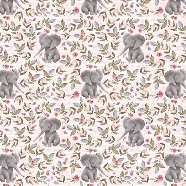 Little Floral Baby Elephant on Stripes in Soft Blush