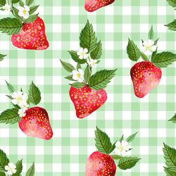 Large Strawberries in Leafy Green Gingham