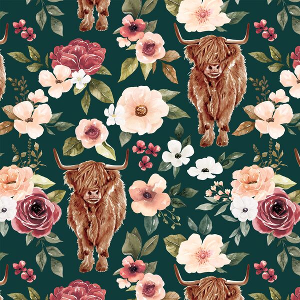 Highland Cow Floral in Emerald