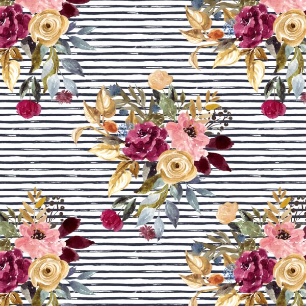 Rose Bouquet on Little Watercolor Stripes in Eclipse