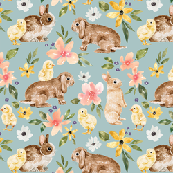 Floral Bunnies and Chicks in Light Blue