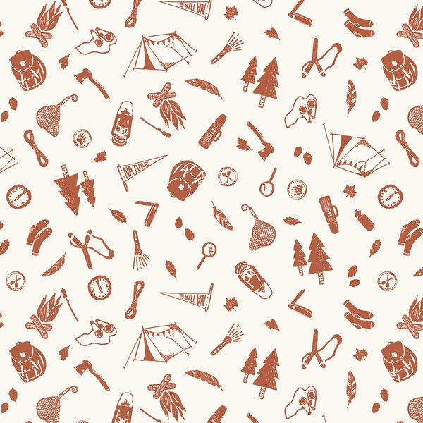 Camping Supplies Silhouette in Rust on Cream
