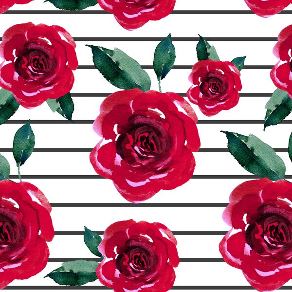 Blooming Roses on Thin Stripes in Onyx