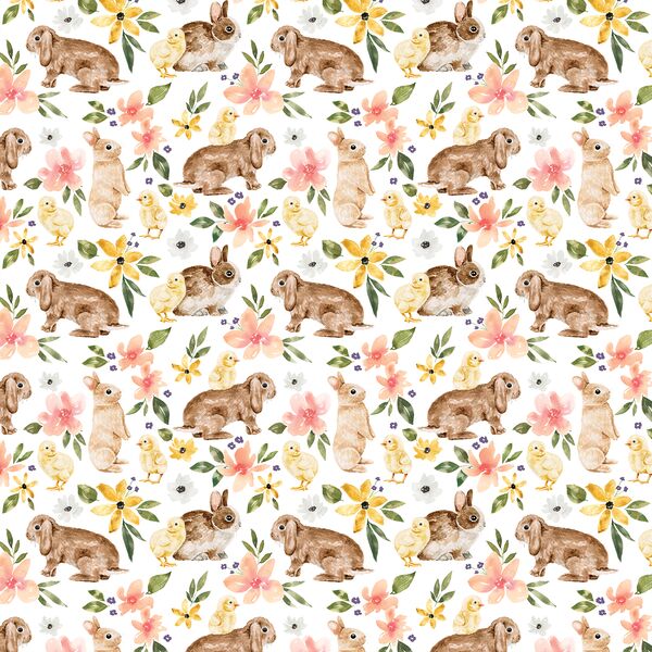 Little Floral Bunnies and Chicks in White