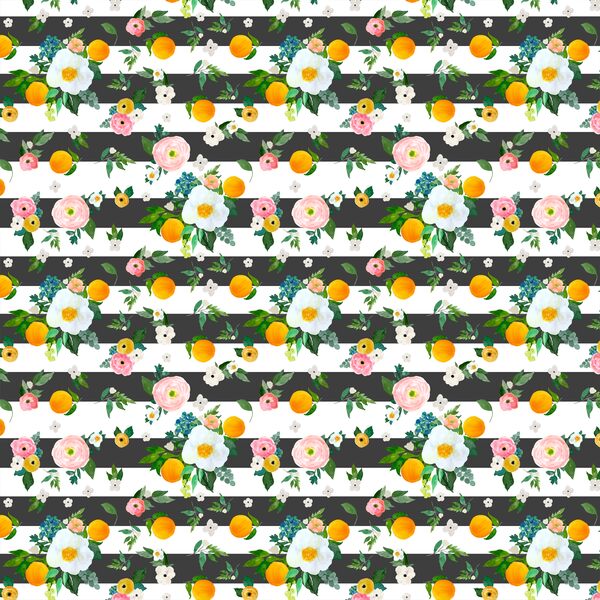 Small Orange Blossoms in Onyx Stripes