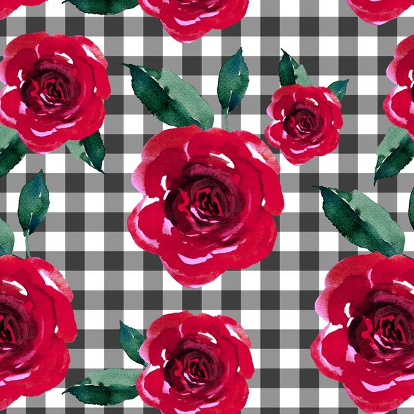 Blooming Roses on Gingham in Onyx