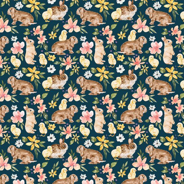 Little Floral Bunnies and Chicks in Navy