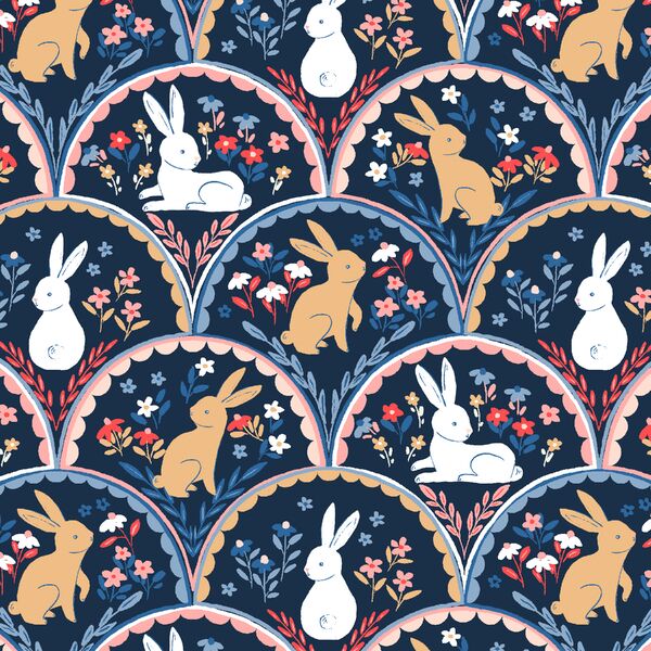 Bunnies in Love in Indigo Blue