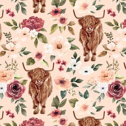 Highland Cow Floral in Light Pink