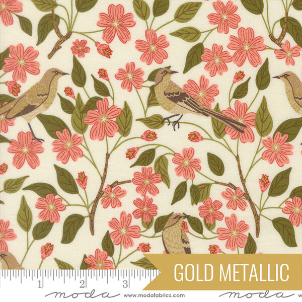 Blossoms Birds in Eggshell Metallic
