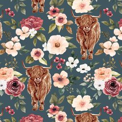 Highland Cow Floral in Night Blue