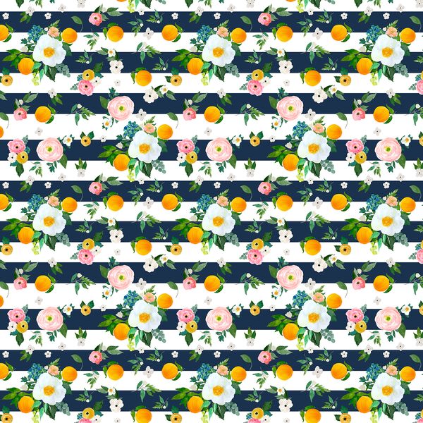 Small Orange Blossoms in Navy Stripes